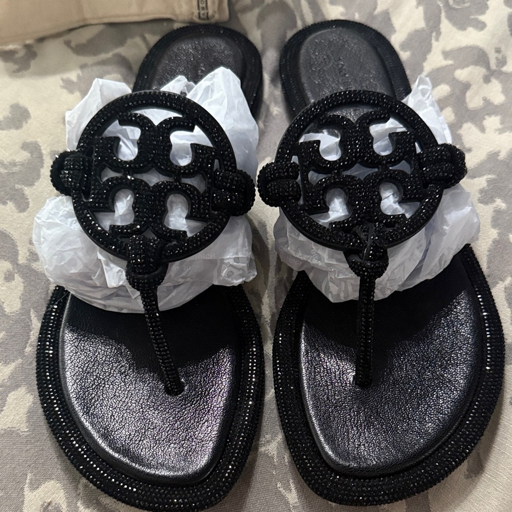 Tory Burch Black Miller Knotted Pave Embellished Crystal Sandals 11